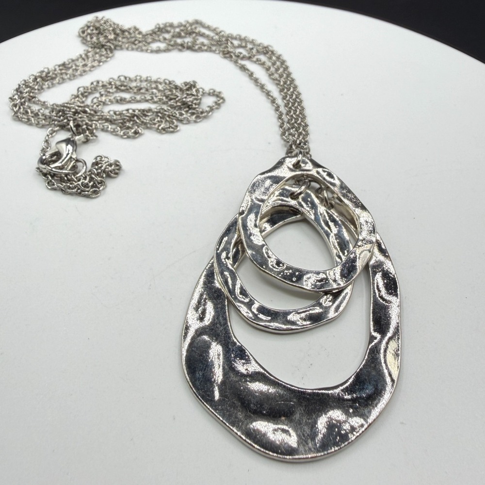 Silver Tone Hammered Triple Oval Pendant Necklace Multi Strand Boho Statement